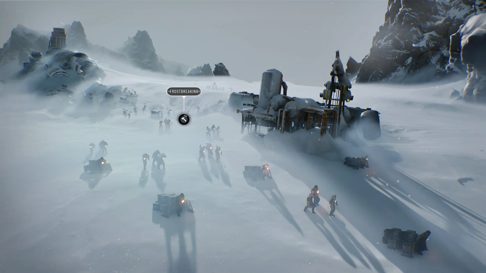 Grupa ludzi z pojazdem przemierza zaśnieżone Mroźne Pustkowia w grze Frostpunk 2