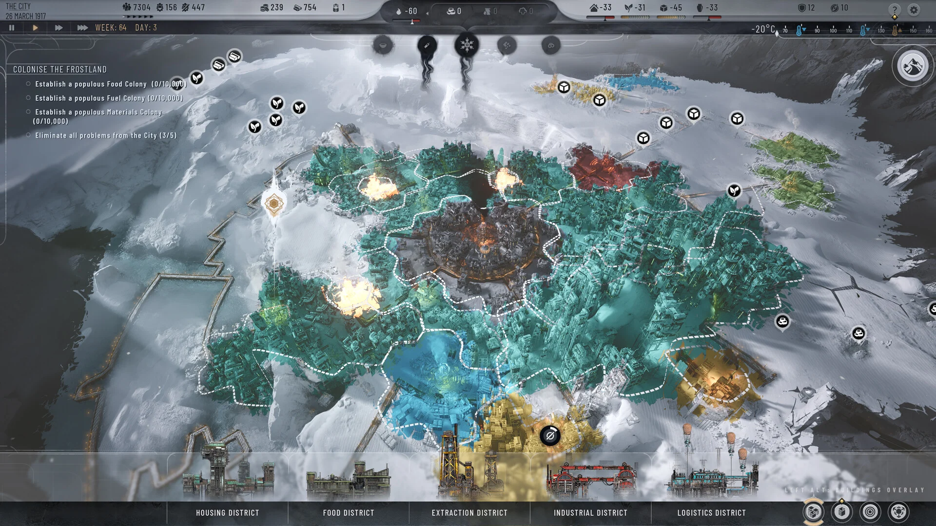 Widok planowania z heksagonalnymi polami dzielnic wokół generatora w grze Frostpunk 2