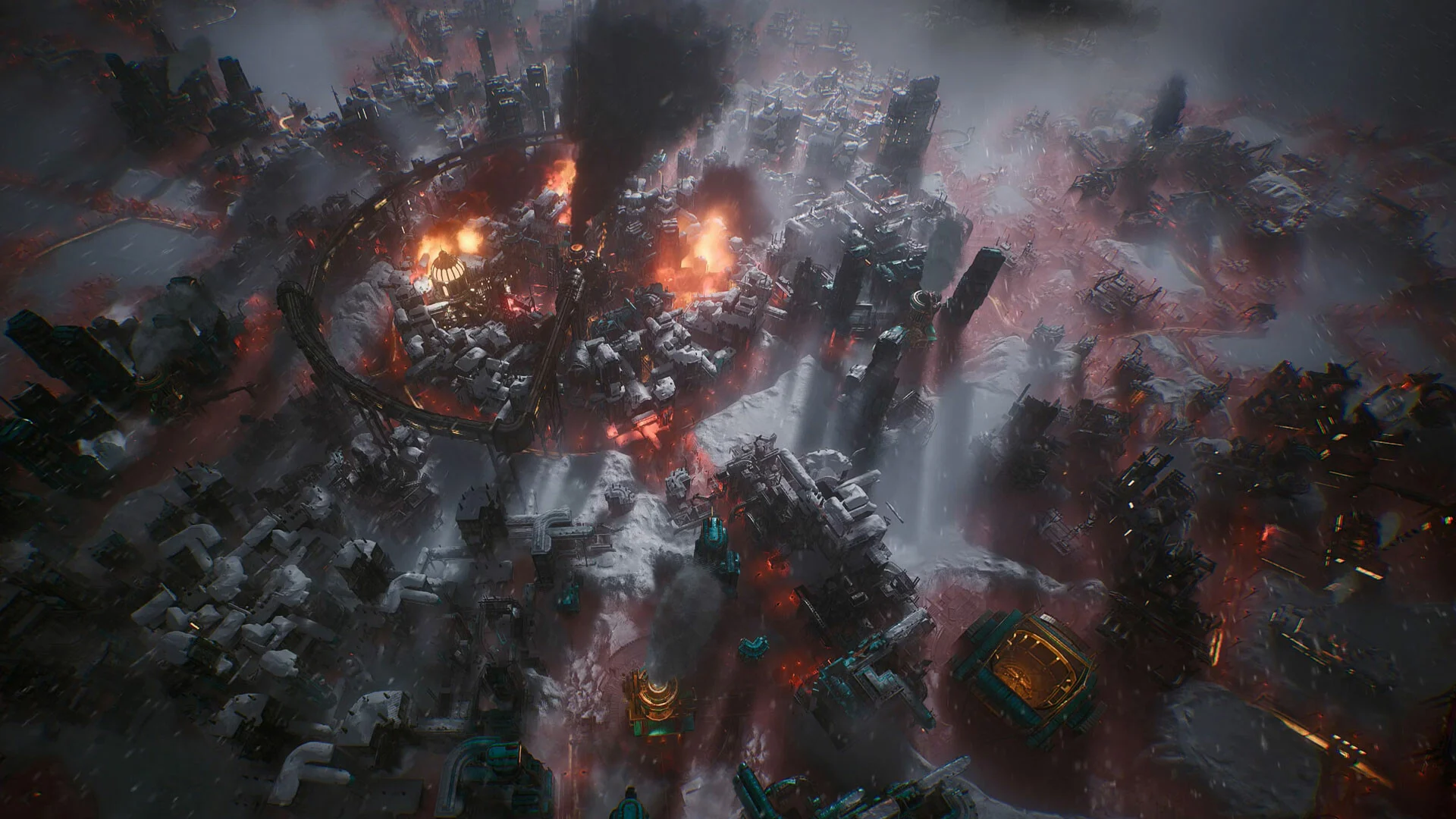 Płonące kwartały miasta w czasie burzy śnieżnej w grze Frostpunk 2