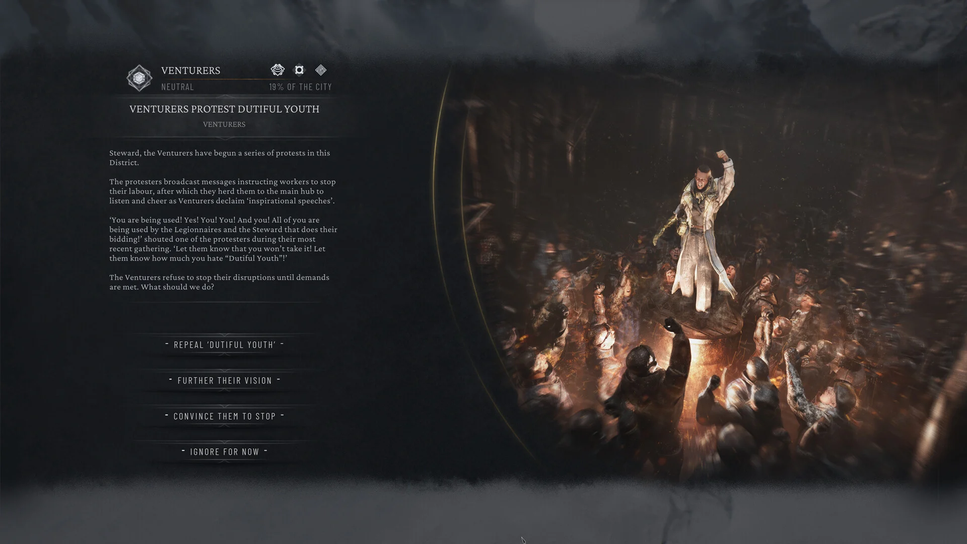 Wiec protestujących zwolenników frakcji z mówcą na podwyższeniu w grze Frostpunk 2