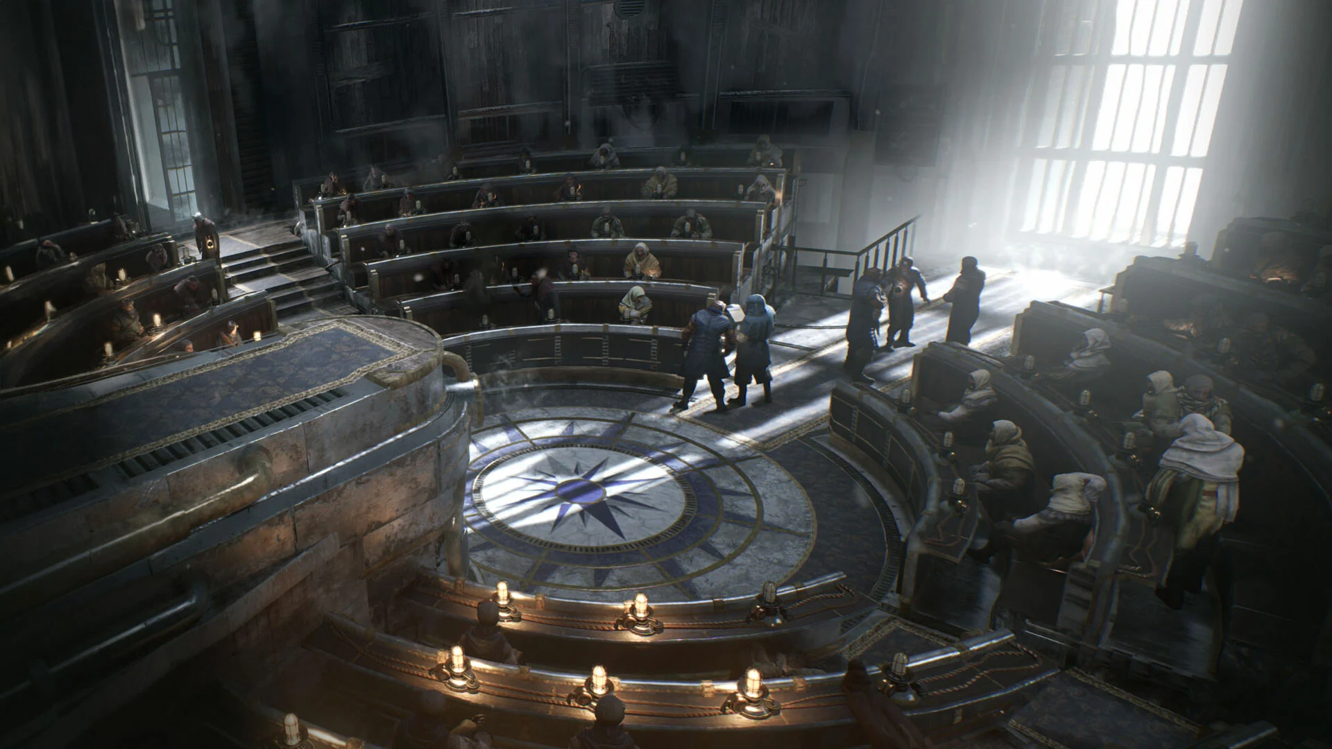 Delegaci frakcji w półokrągłej sali obrad Rady w grze Frostpunk 2