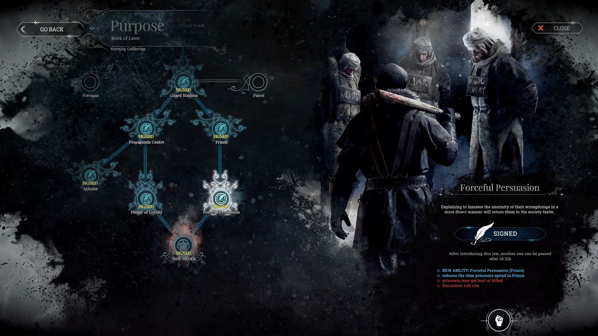 Drzewko praw ścieżki celu z nadzorcami straży w grze Frostpunk