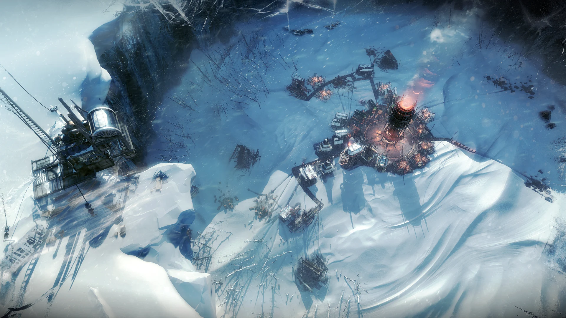Małe miasto wokół rozgrzanego generatora na dnie lodowego krateru w grze Frostpunk