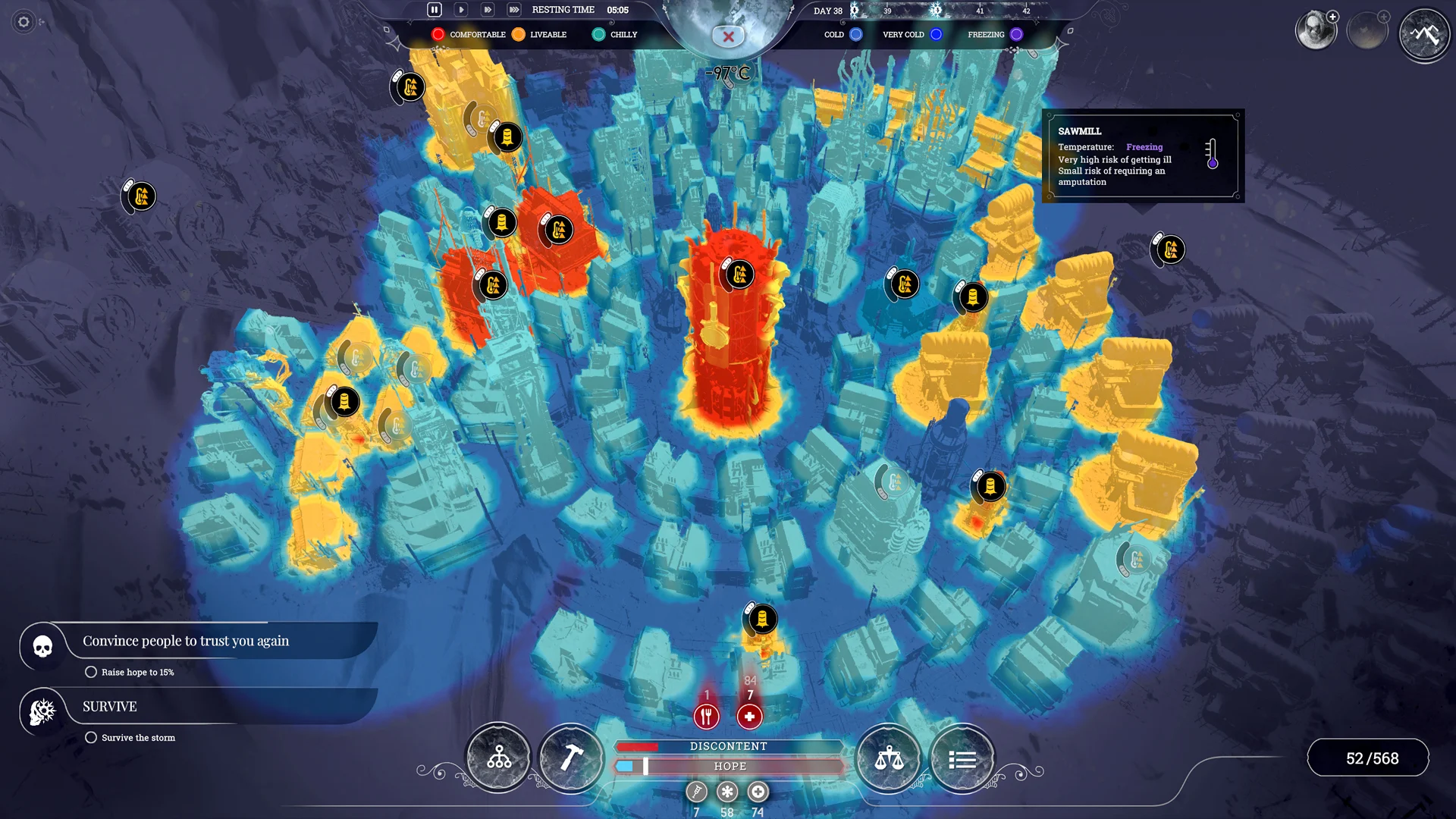 Mapa ciepła pokazująca ogrzane i wychłodzone budynki w grze Frostpunk