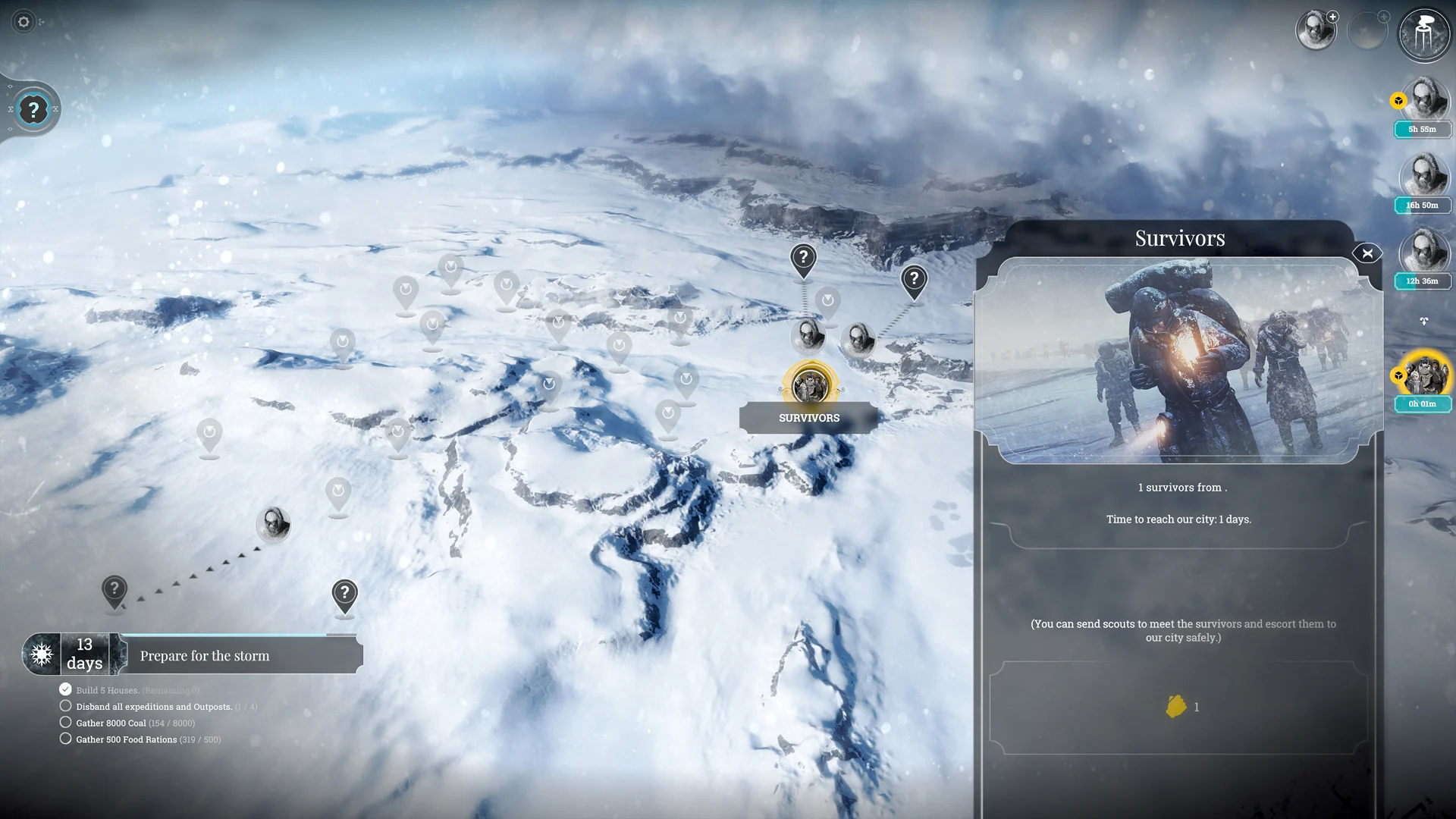 Mapa Mroźnych Pustkowi i odnaleziona grupa ocalałych w grze Frostpunk