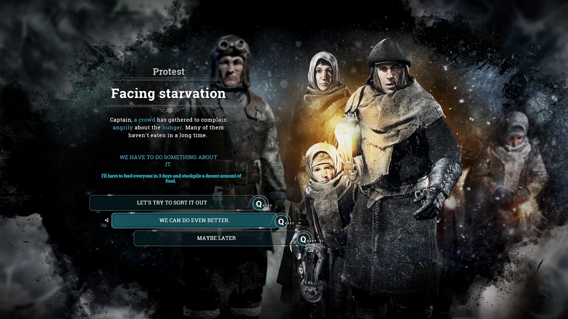 Rodzina mieszkańców protestuje przeciwko głodowi, wydarzenie fabularne w grze Frostpunk