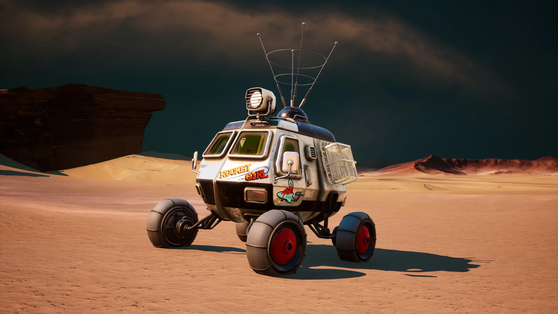 Atompunkowy łazik z antenami na pustyni Regis III w The Invincible