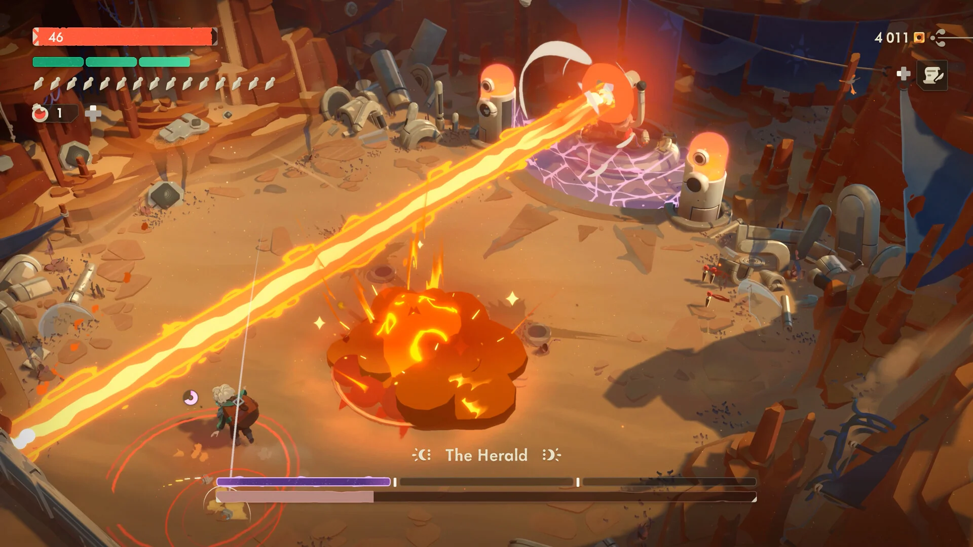 Walka z bossem Herald i promień ognia na pustyni Kaliny w Moonlighter 2