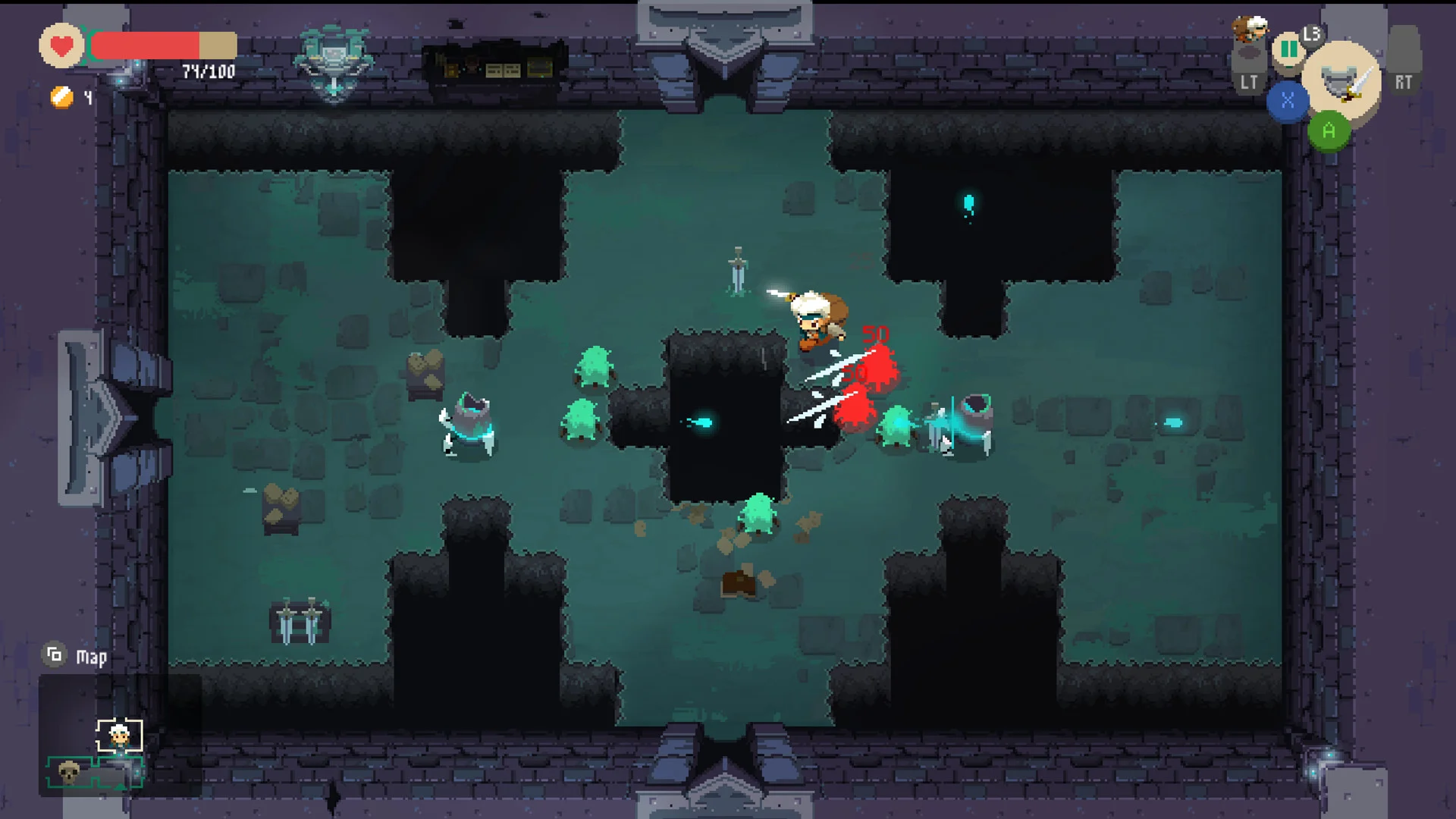 Will walczy z przeciwnikami w sali lochu golemów w grze Moonlighter
