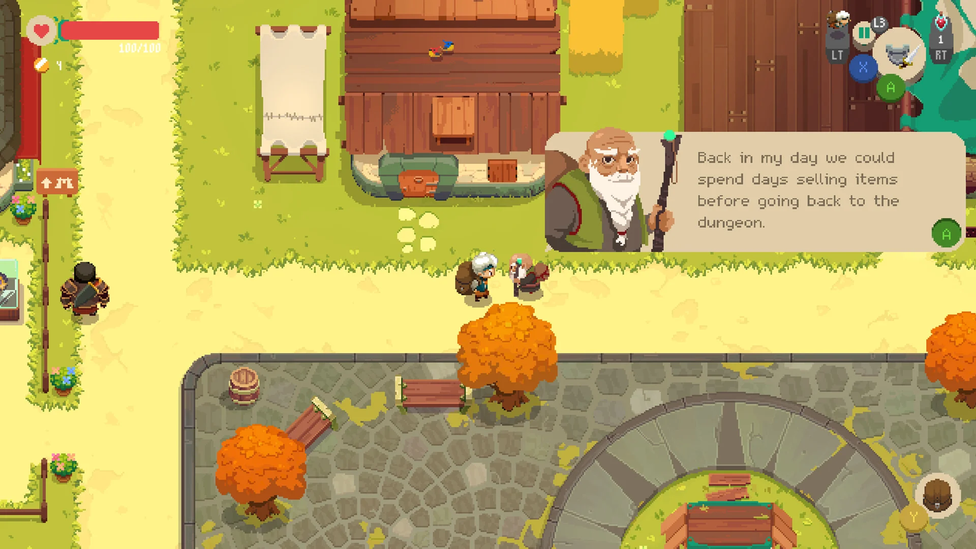 Will na placu Rynoki rozmawia ze starym kupcem w grze Moonlighter