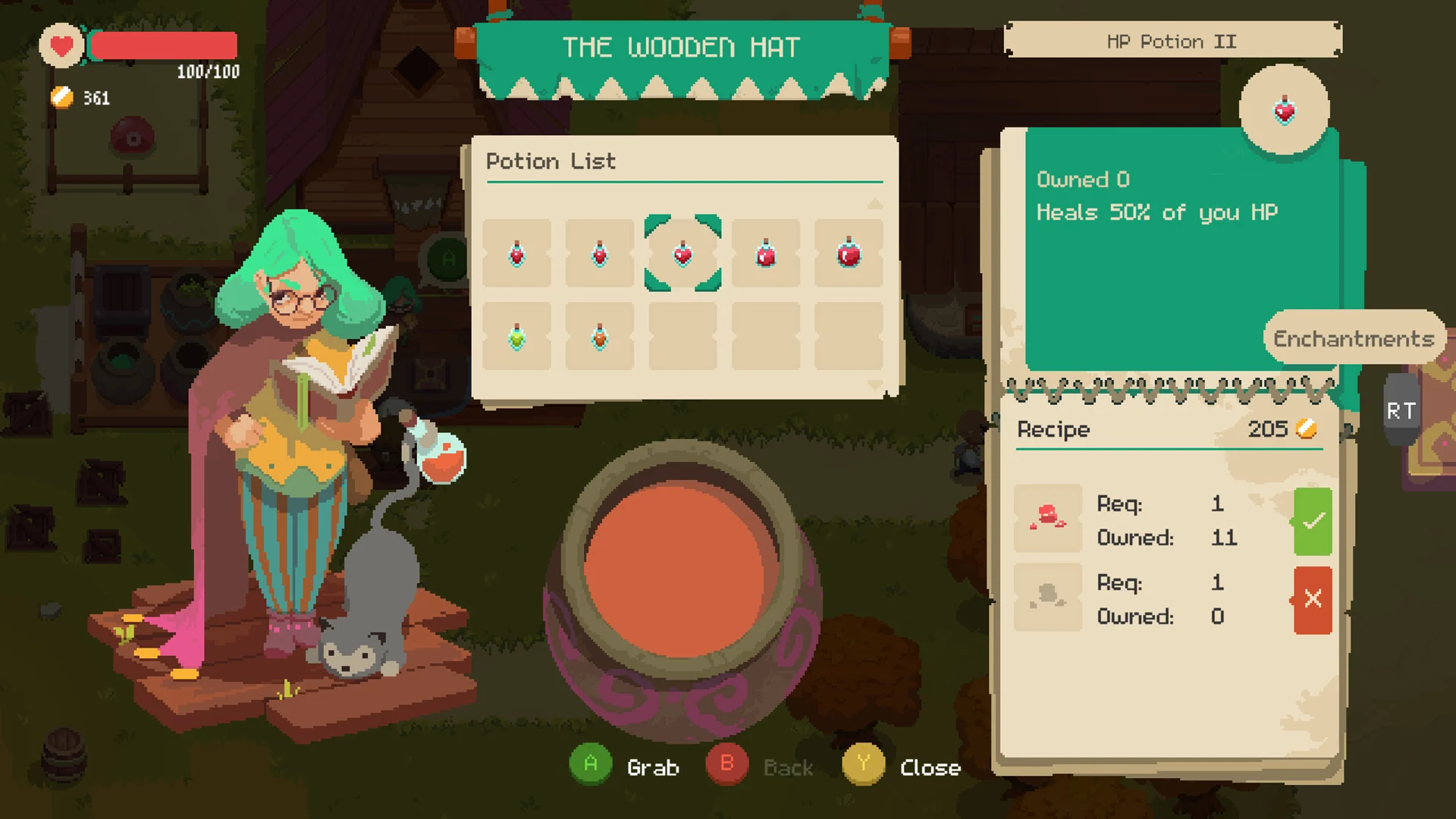 Wiedźma przy kotle i lista mikstur w sklepie The Wooden Hat w grze Moonlighter