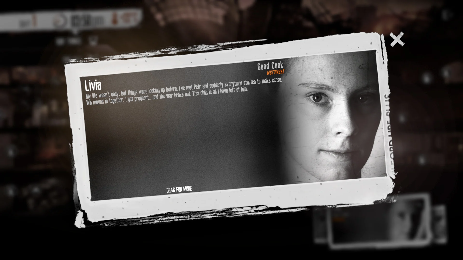 Karta postaci Livii z jej historią sprzed wojny w This War of Mine
