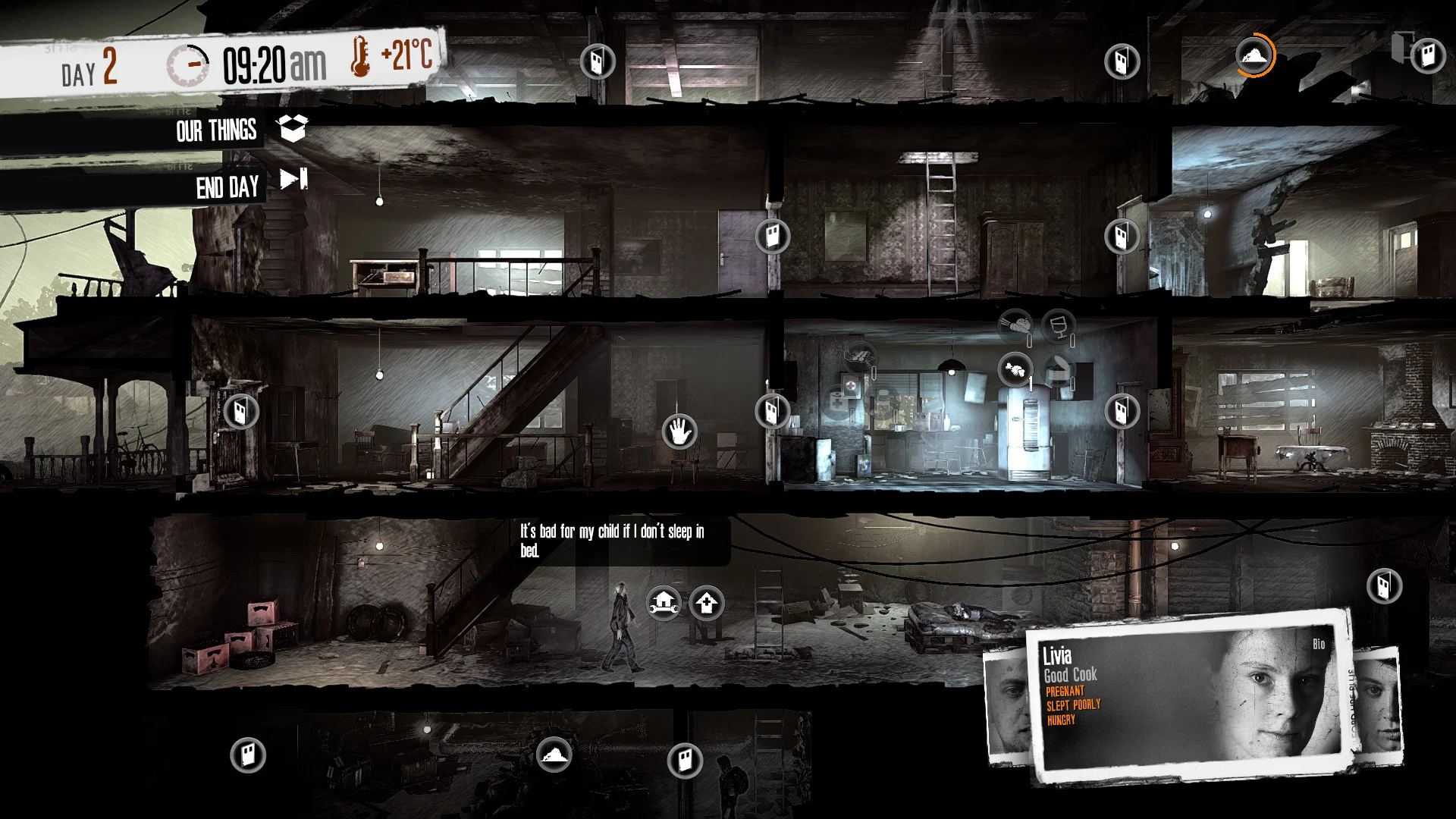Dzień w schronieniu: ocaleni w pokojach przekroju budynku, w rogu portret Livii w This War of Mine