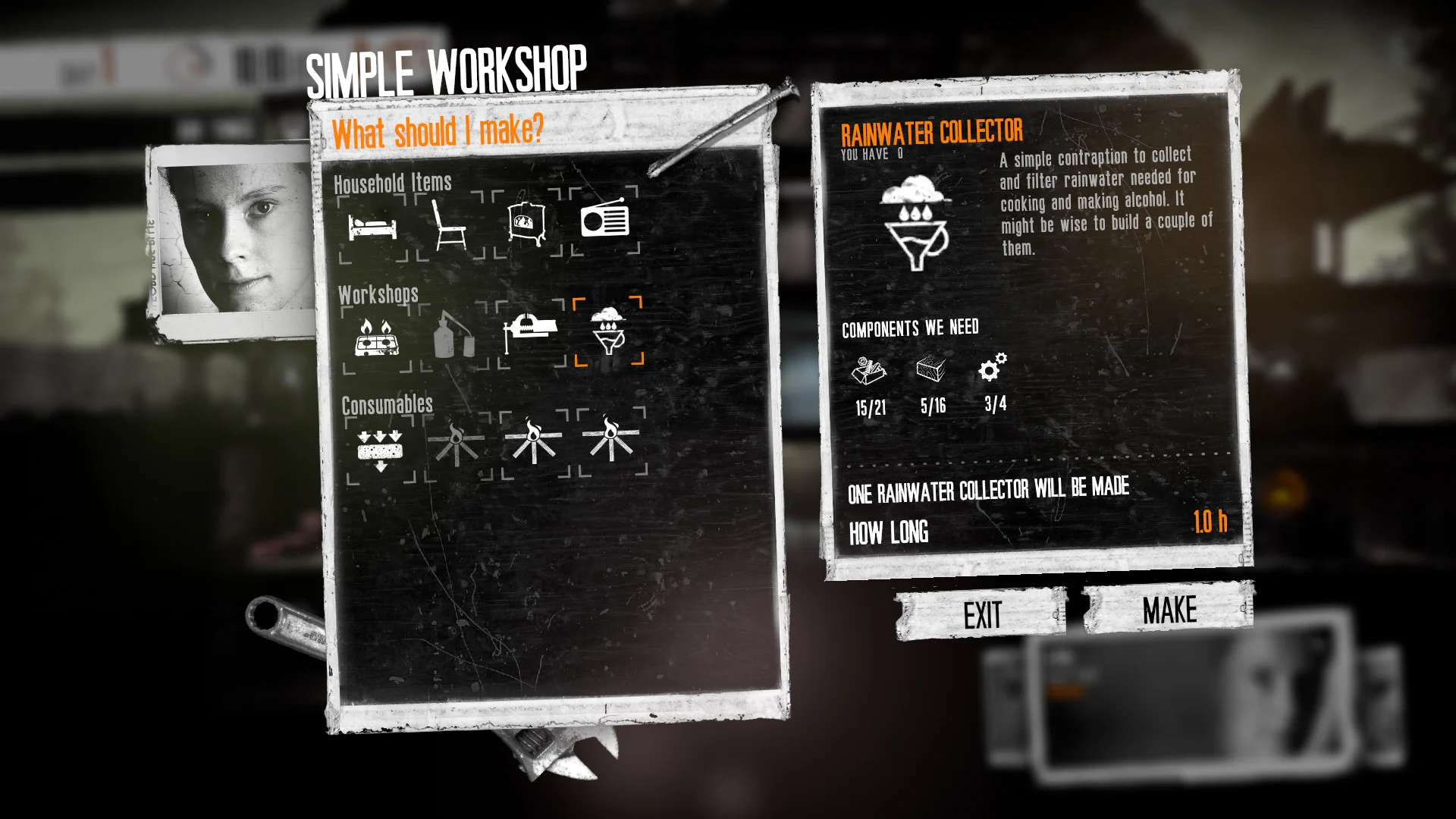 Menu prostego warsztatu z projektem łapacza deszczówki w This War of Mine