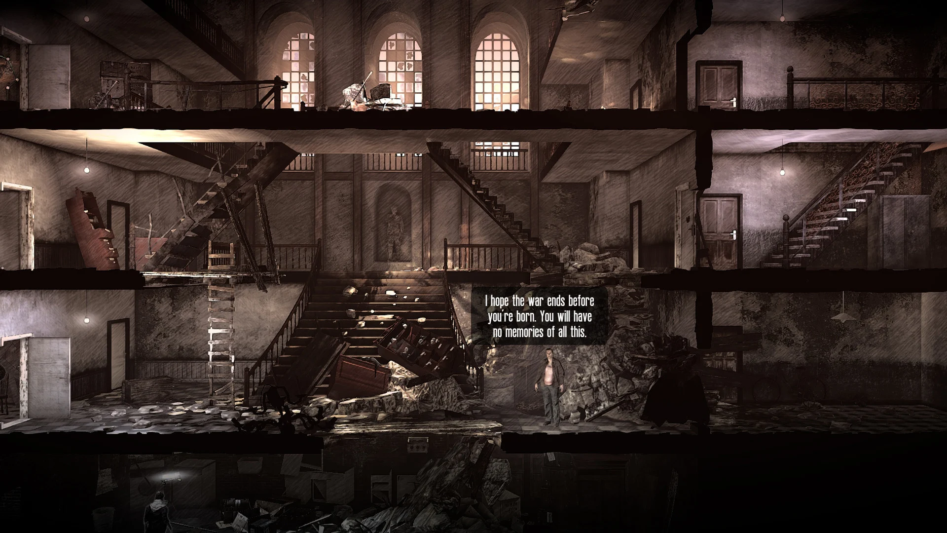 Ocalały w zniszczonym wnętrzu z wysokimi oknami i schodami w This War of Mine
