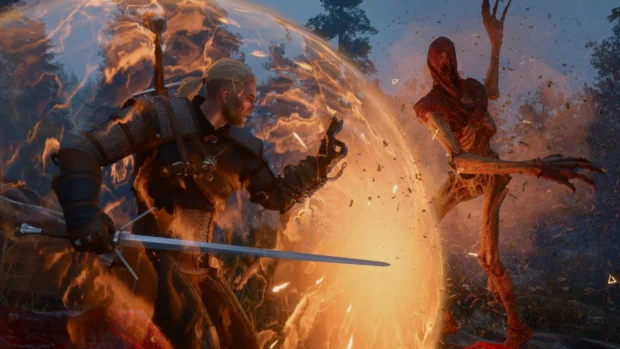 Geralt walczy z potworem w dodatku Pieśni przeszłości do Wiedźmina 3