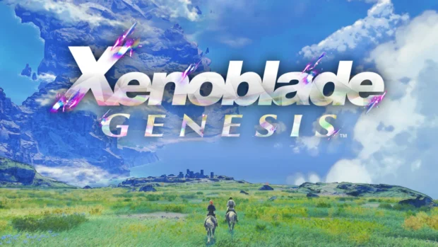 Bohaterowie na łące pod niebem na grafice promującej Xenoblade Genesis