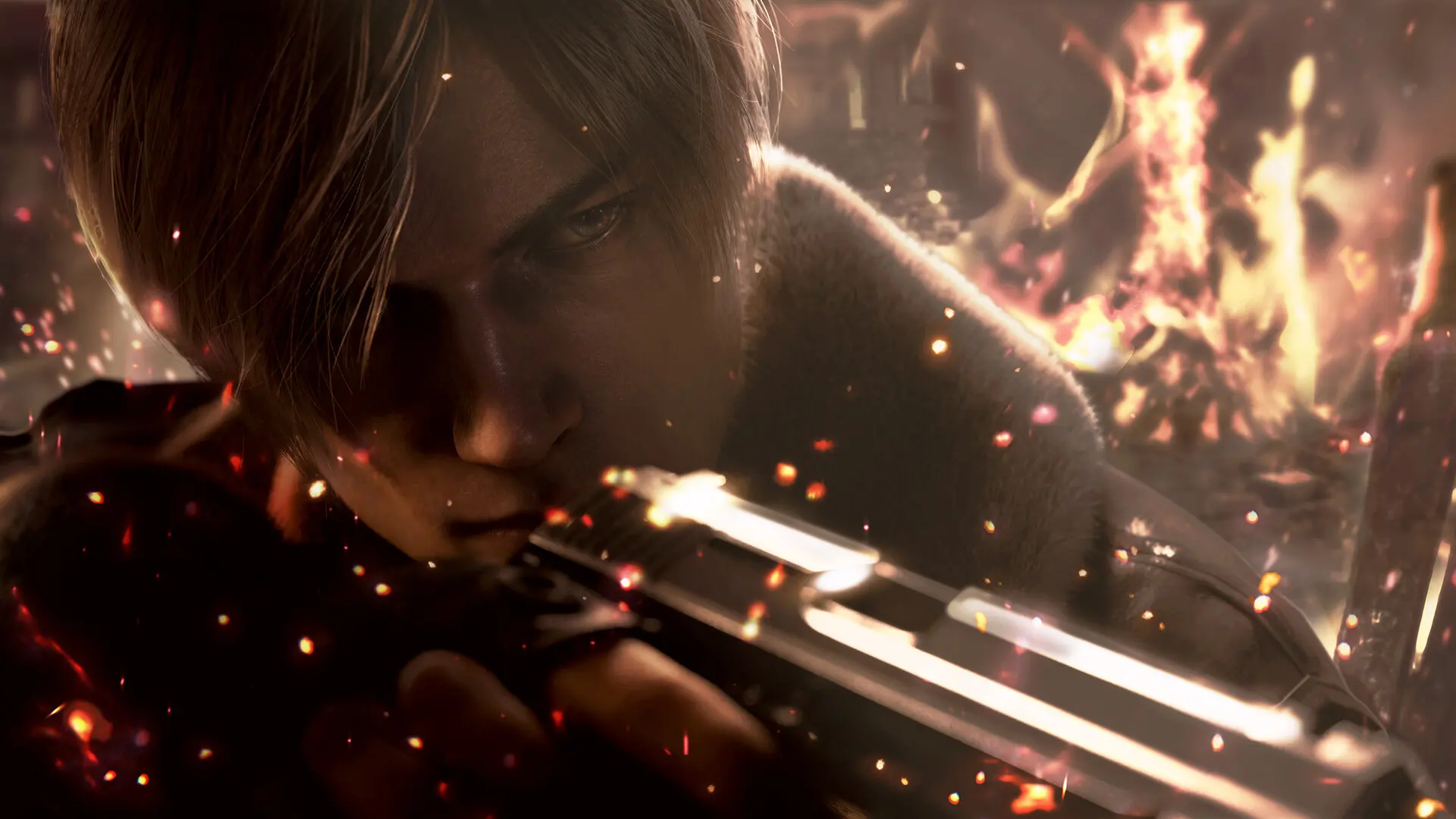 Resident Evil 4, Leon Kennedy mierzy z pistoletu na tle ognia