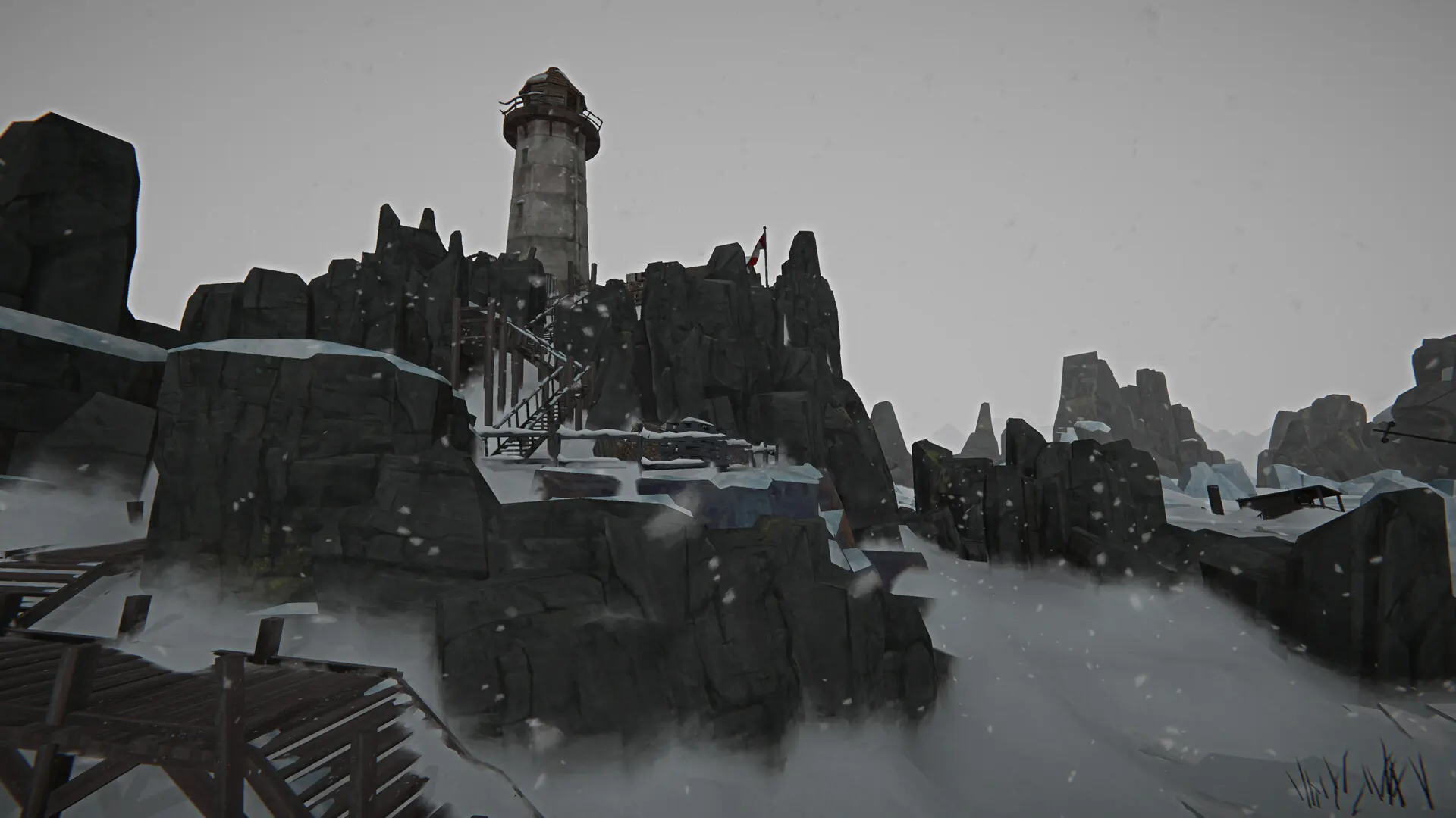 The Long Dark: Iron Road, skały i latarnia na archipelagu