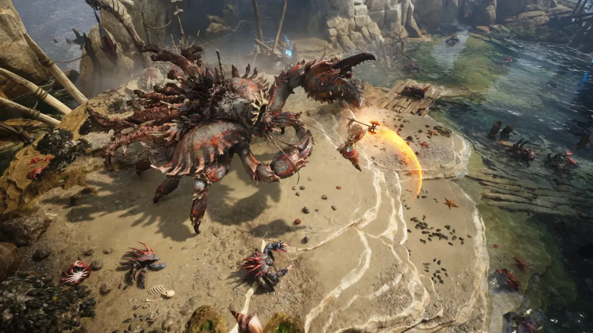 Titan Quest II: walka z bossem Bohaterowie walczą z wielkim potworem w Titan Quest II