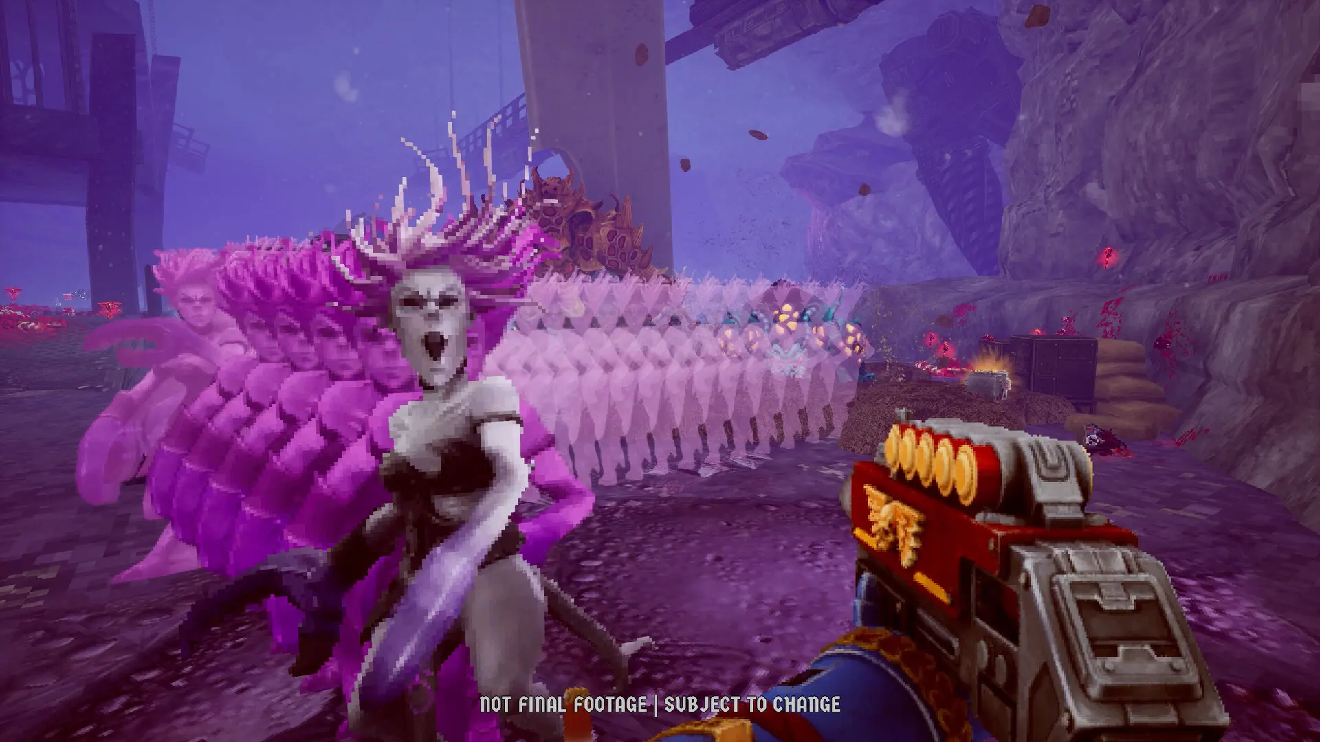 Warhammer 40,000: Boltgun 2, fioletowy demon i bolter na pierwszym planie