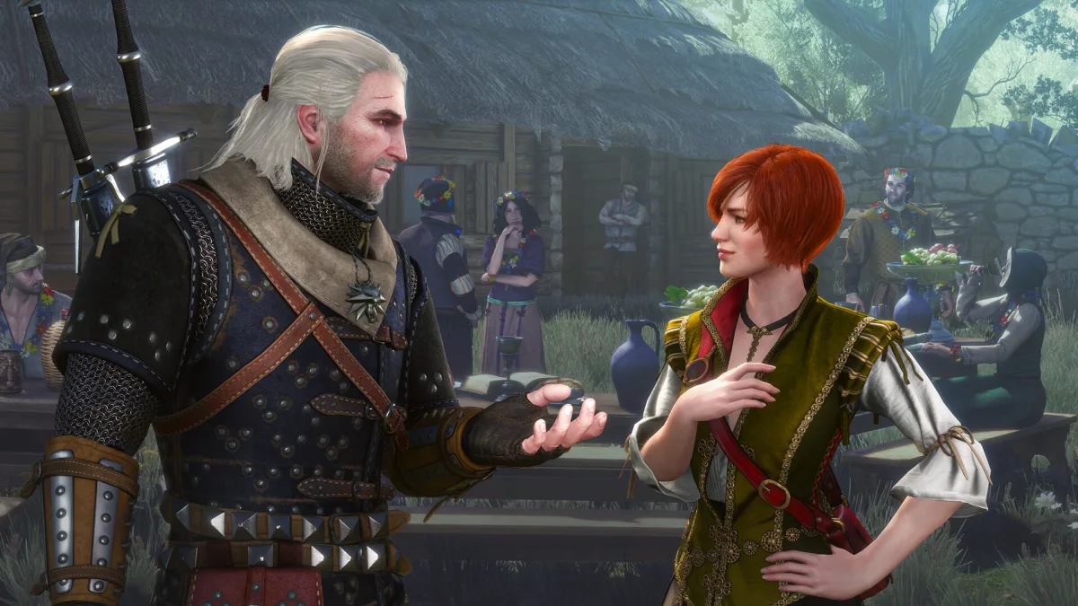 Shani w dodatku Serca z Kamienia Geralt i Shani z krótkimi rudymi włosami w dodatku Serca z Kamienia do Wiedźmina 3