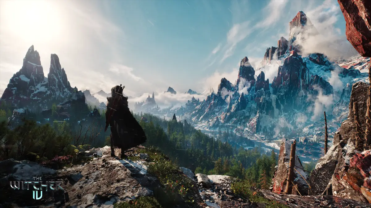 Ciri stoi na skale nad górską doliną, kadr z pokazu Wiedźmina 4 na Unreal Engine 5