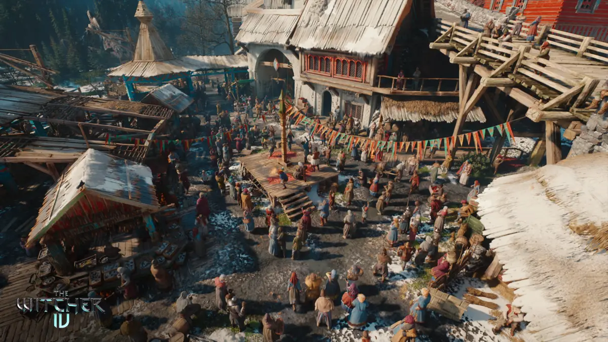 Zatłoczony targ w zaśnieżonym mieście w Kovirze, kadr z pokazu Wiedźmina 4 na Unreal Engine 5